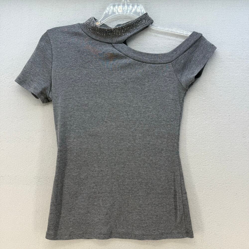 Vocal Top Women's S Grey Rhinestones Studded Asymmetric Collar Cold Shoulder EUC